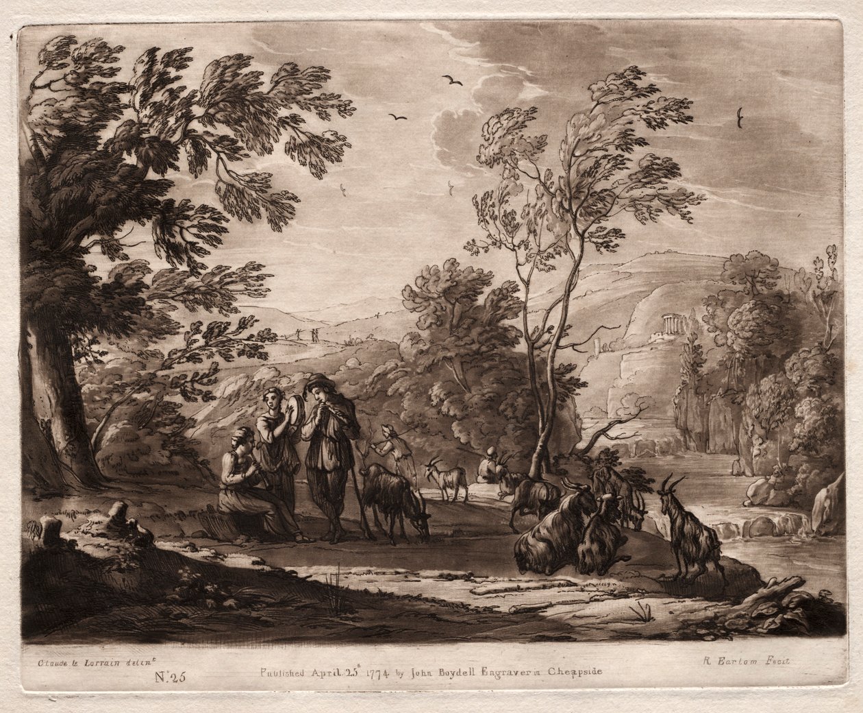 Liber Veritatis: Nr. 25, Eine bergige und bewaldete Landschaft mit Hirten..., 1774 von Richard Earlom