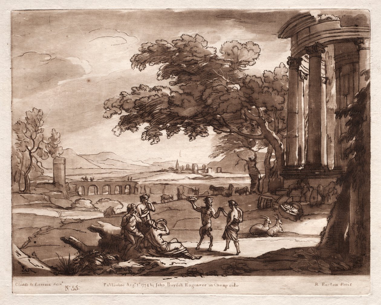 Liber Veritatis: Nr. 55, Eine Landschaft mit einem Tempel und einer tanzenden Nymphe und einem Satyr von Richard Earlom
