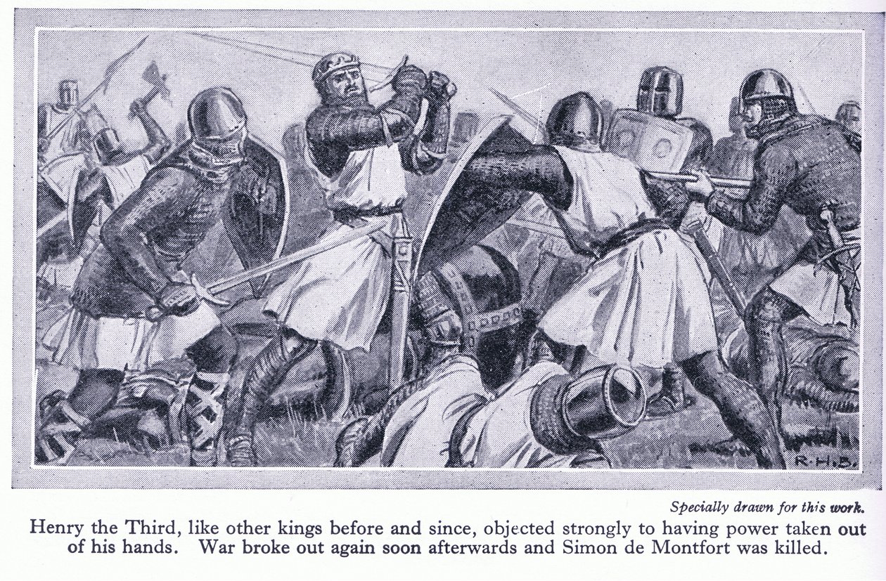 Heinrich III. widersetzte sich vehement, seine Macht aus den Händen zu geben. Es brach Krieg aus und Simon de Monford wurde getötet, ca. 1950 von Richard Henry Brock