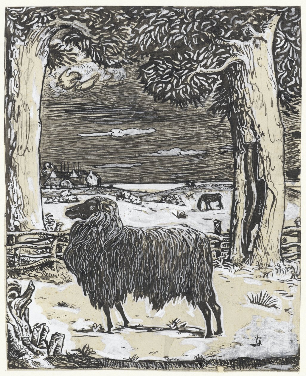 Schaf in einer Landschaft mit zwei Bäumen von Richard Nicolaüs Roland Holst