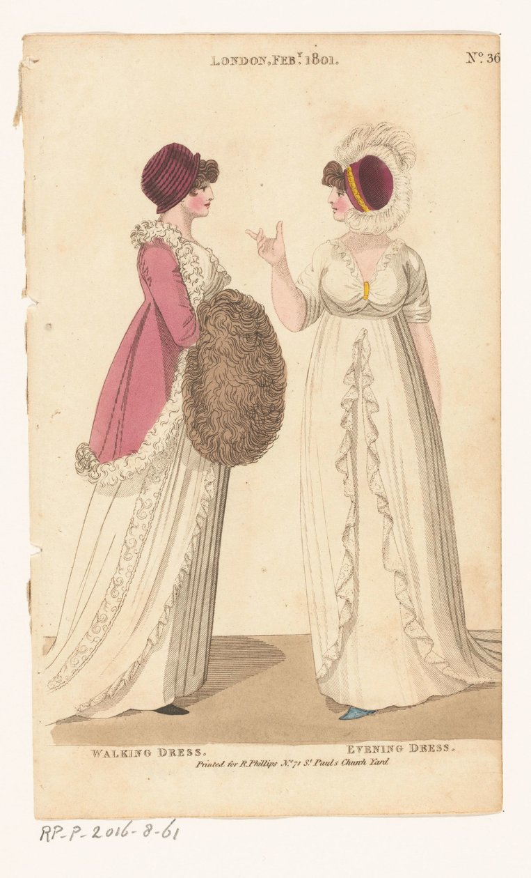 Magazin der weiblichen Mode von London und Paris. Nr. 36. London Feb., 1801: Spaziergangskleid; Abendkleid von Richard Phillips