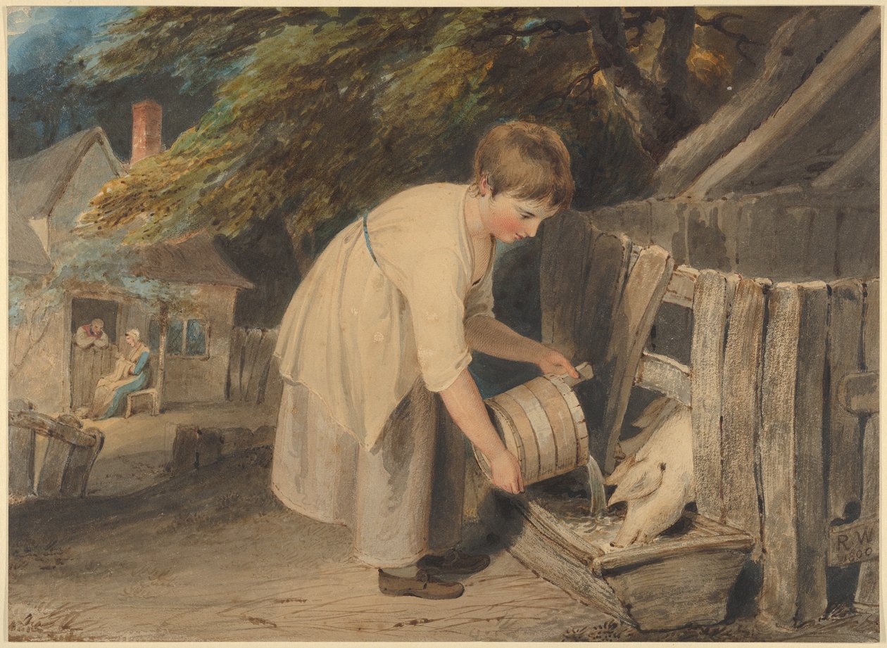 Mädchen füttert Schweine von Richard Westall
