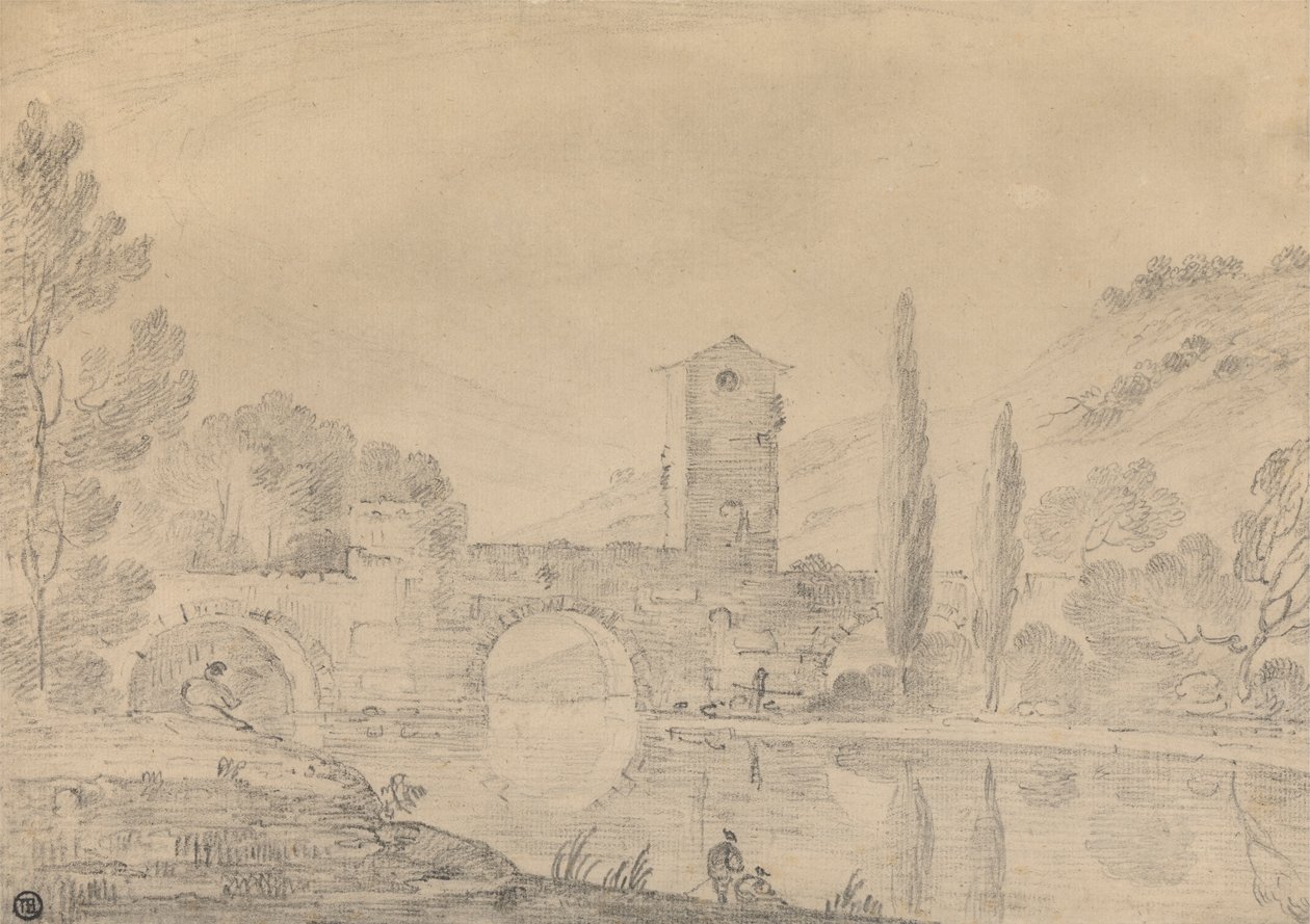 Italienische Landschaft mit dreibogiger Brücke, Brückenhaus, Figuren am nahen Ufer und Pappeln am fernen Ufer von Richard Wilson