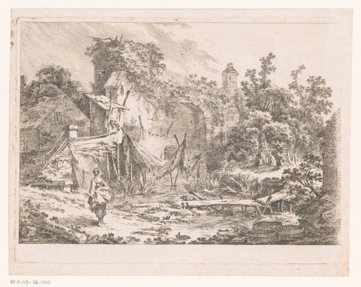 Landschaft mit Hütte und Fischernetzen auf Stangen von Richard de Saint Non
