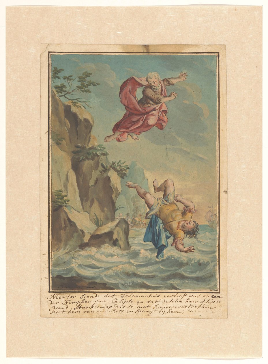 Mentor wirft Telemachus von einem Felsen und springt ihm nach Telemachus-Reihe (Serientitel) von Rienk Keyert