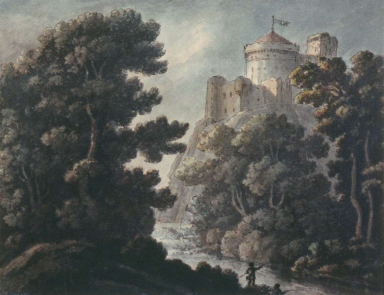 Landschaft mit Burg auf einem Felsen von Robert Adam