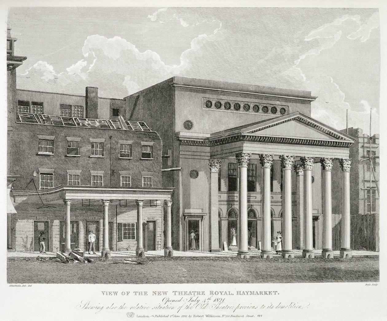 Ansicht des neuen Theatre Royal, Haymarket, in London, eröffnet am 4. Juli 1821, zeigt auch die relative Lage des alten Theaters vor dessen Abriss, graviert von Dale, 1822 von Robert Blemell after Schnebbelie