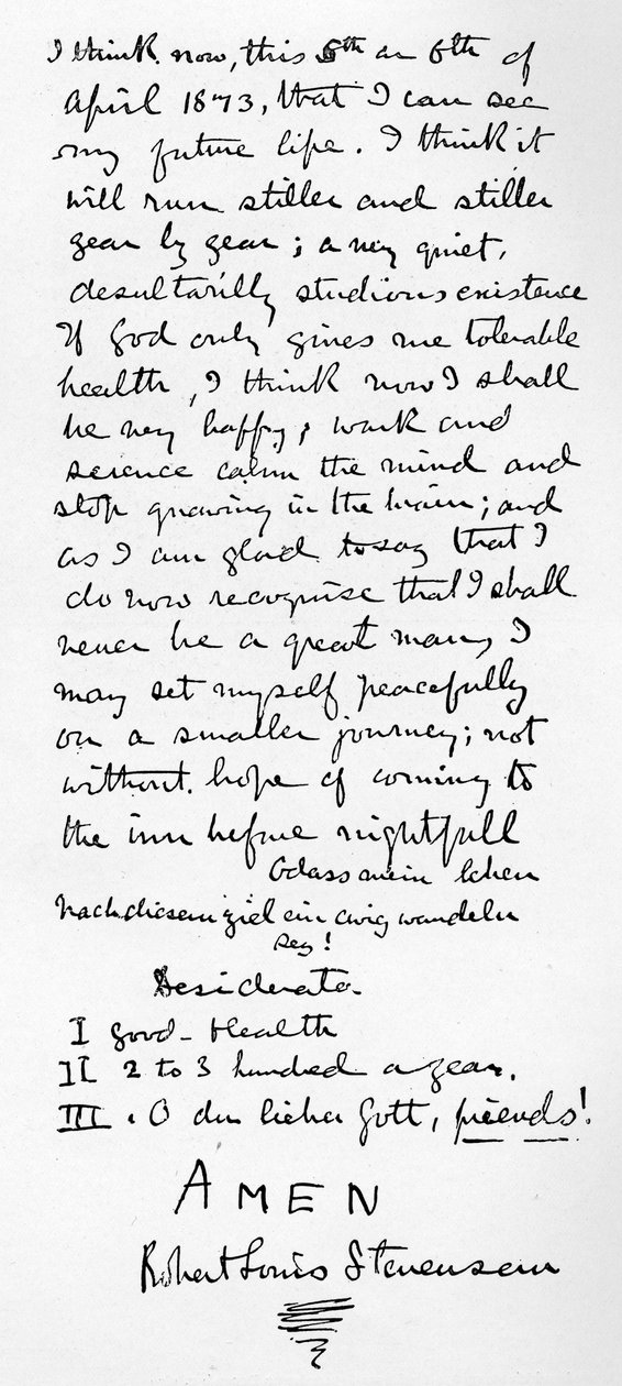 Stevensons persönliche Philosophie und Liste der Desiderata für ein glückliches Leben, 1873 von Robert Louis Stevenson