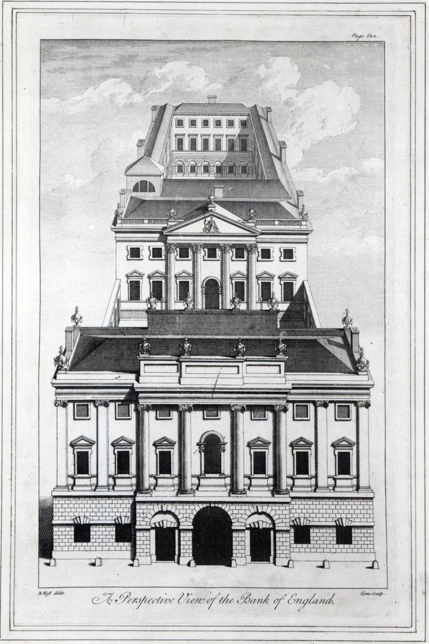 Eine perspektivische Ansicht der Bank of England, graviert von William Henry Toms, 1739 von Robert West
