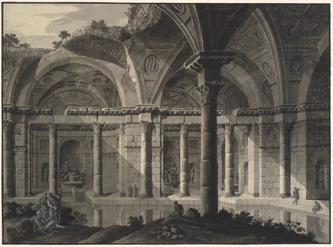 Architektonische Fantasie eines antiken Bades mit zerstörtem Dach und Figuren von Robert Adam