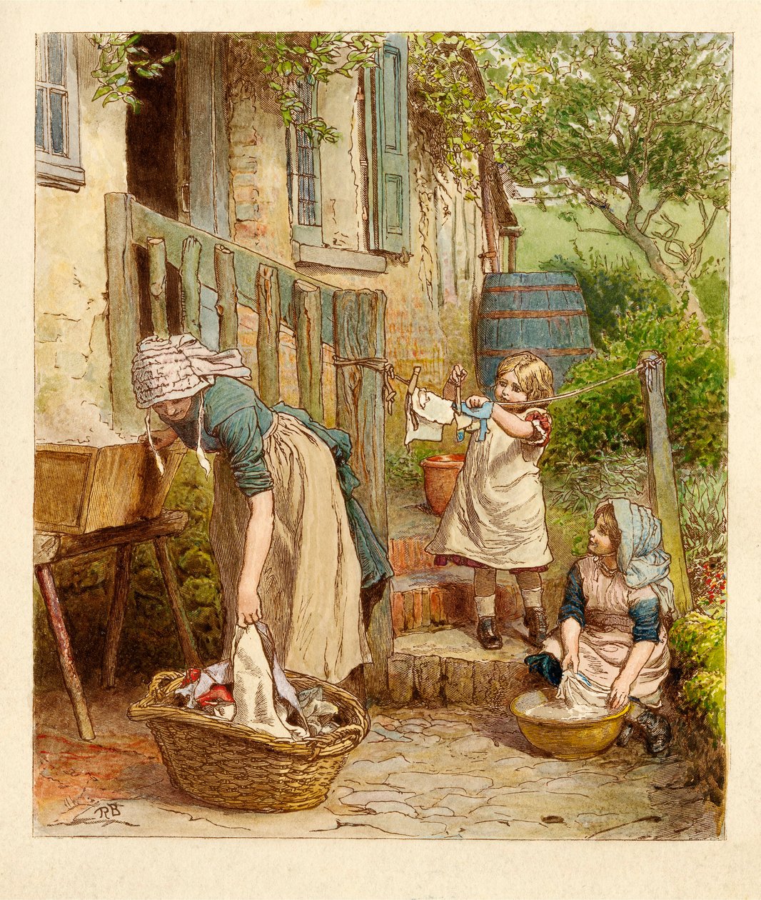 Mutter und Kinder hängen die Wäsche auf, veröffentlicht 1854 von Robert Barnes