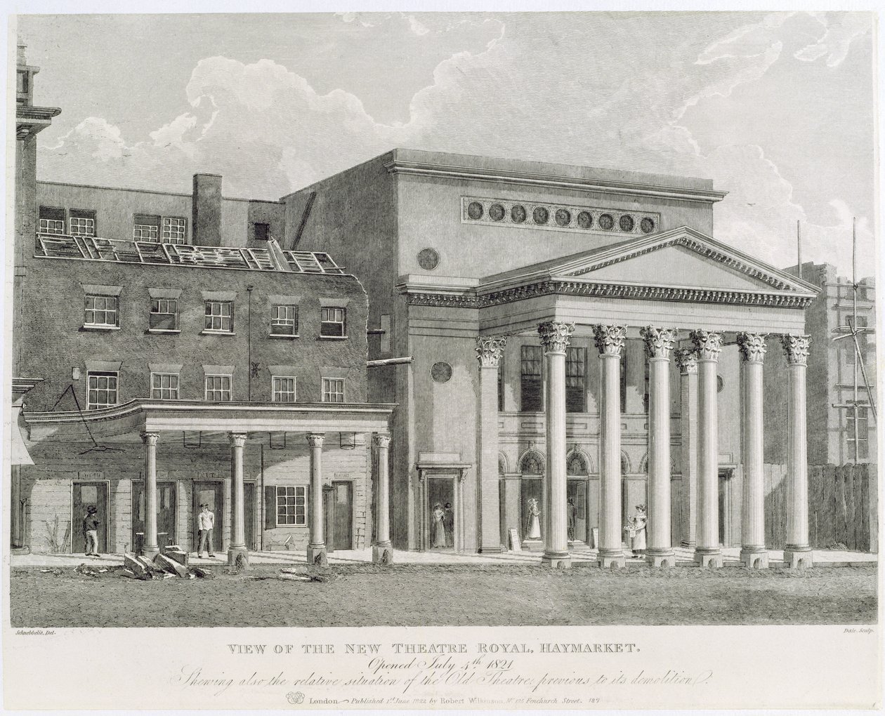 Ansicht des neuen Theatre Royal, Haymarket, eröffnet am 4. Juli 1821, zeigt auch die relative Lage des alten Theaters vor seinem Abriss, graviert von Dale von Robert Blemell Schnebbelie