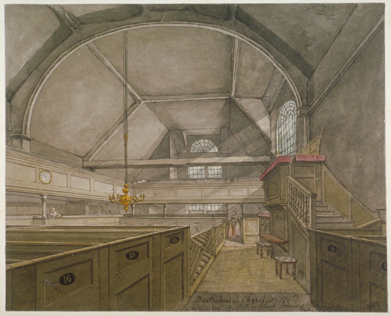 Innenraum der Kapelle in der Kirche St. Bartholomew-the-Great, Smithfield, City of London, 1818 von Robert Blemmell Schnebbelie