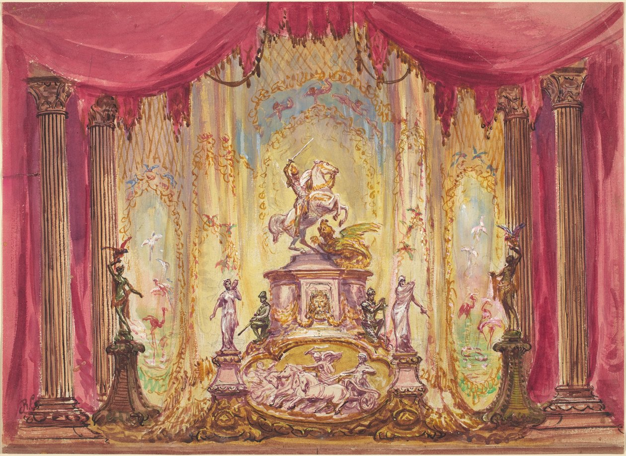 Bühnenbild mit einer Statue von Sankt Georg, der den Drachen tötet von Robert Caney