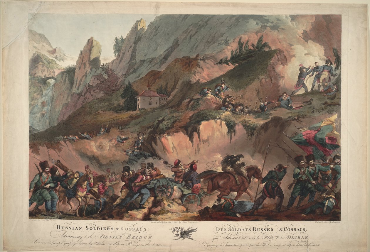 Russische Armee überquert die Teufelsbrücke im Jahr 1799, 1804 von Robert Carr Porter