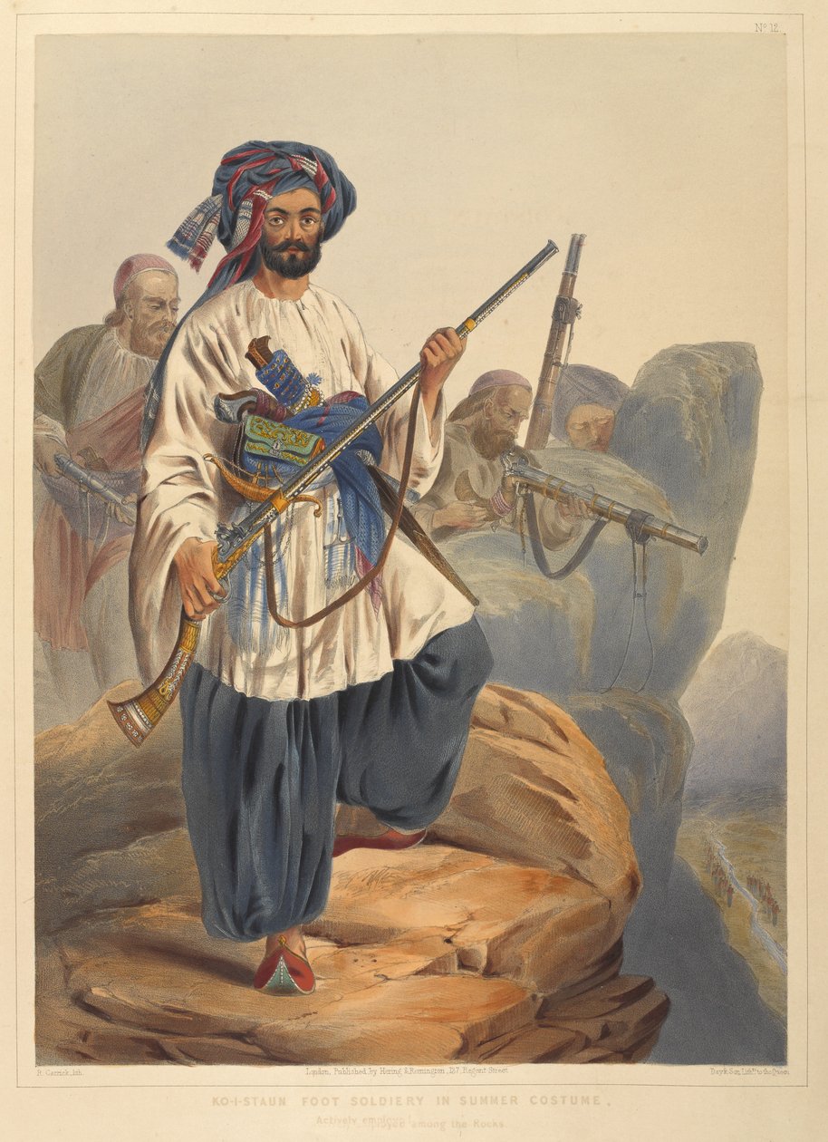 Ko-i-Staun Fußsoldaten in Sommerkleidung, aktiv zwischen den Felsen (Farblithographie) von Robert Carrick