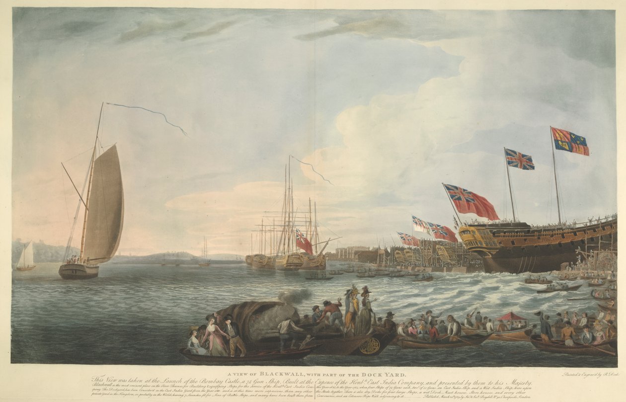 Ansicht von Blackwall, mit einem Teil der Werft, beim Stapellauf der Bombay Castle, 74 Kanonen, gebaut auf Kosten der Hon. East India Company und von ihnen Seiner Majestät im Juni 1782 geschenkt von Robert Dodd