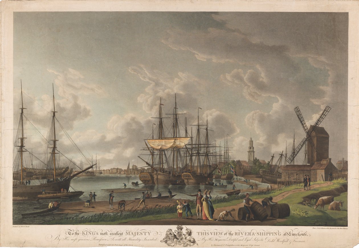An die Majestät des Königs diese Ansicht des Flusses und der Schiffe in Limehouse von Robert Dodd