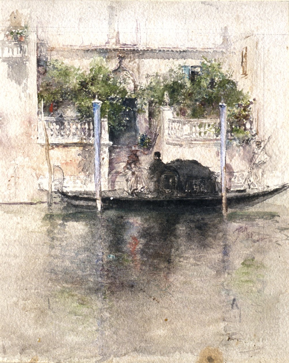 Dame besteigt von einem Palazzo aus eine Gondel von Robert Frederick Blum