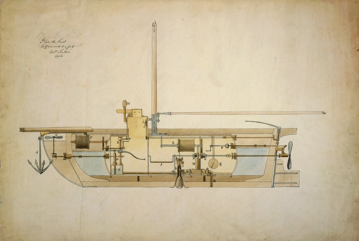 Originalzeichnung des Nautilus, des ersten Unterseeboots (U-Boot), präsentiert von seinem Erfinder Robert Fulton (1765-1815) dem amerikanischen Senat im Jahr 1806 von Robert Fulton