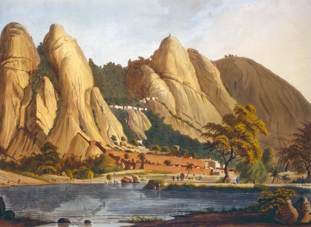 Südansicht von Sewandroog, Illustration aus Twelve Views of Mysore, the Country of Tippoo Sultan, graviert und koloriert von J.W. Edy, veröffentlicht 1804 von Robert H. Colebrooke
