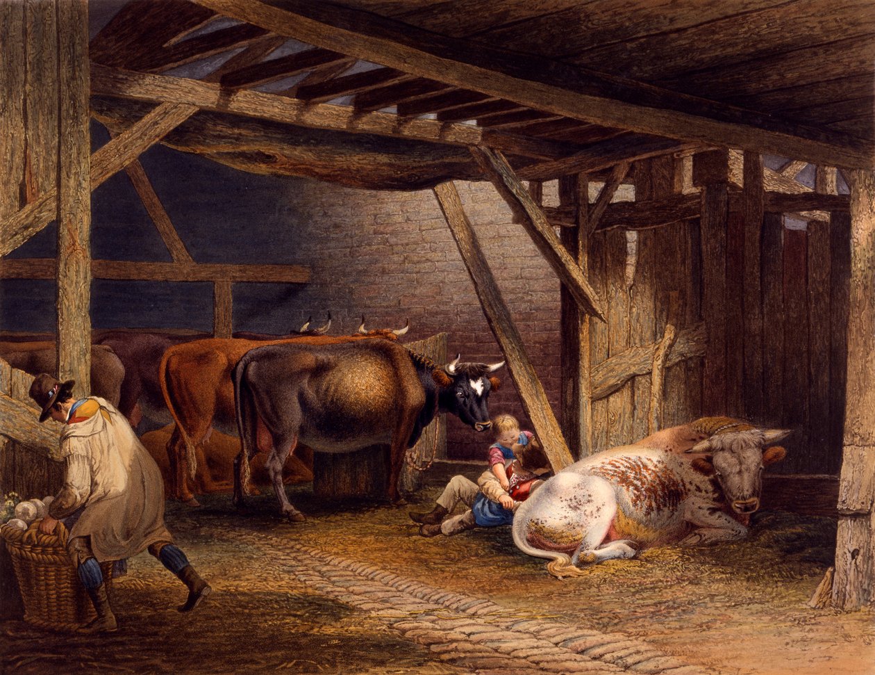 Kuhstall (handkolorierte Aquatinta) von Robert Hills