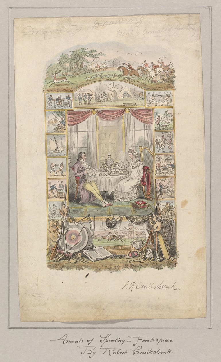Entwurf für das Frontispiz der Annals of Sporting and Fancy Gazette, Band 1 von Robert Isaac Cruikshank