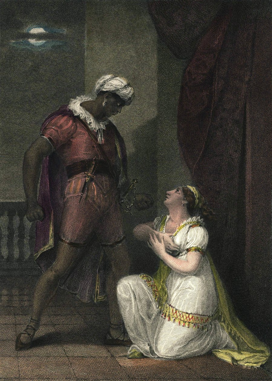 Othello und Desdemona in Venedig. Illustration zu „Othello“ von William Shakespeare. Akt 4 Szene 2. Englische Gravur von 1801 von R.K. Porter. von Robert Kerr Porter