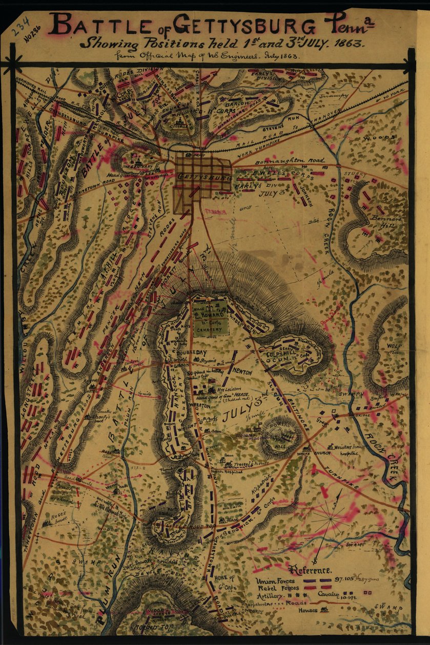 Schlacht von Gettysburg, Penna. Positionen am 1. und 3. Juli 1863 von Robert Knox Sneden