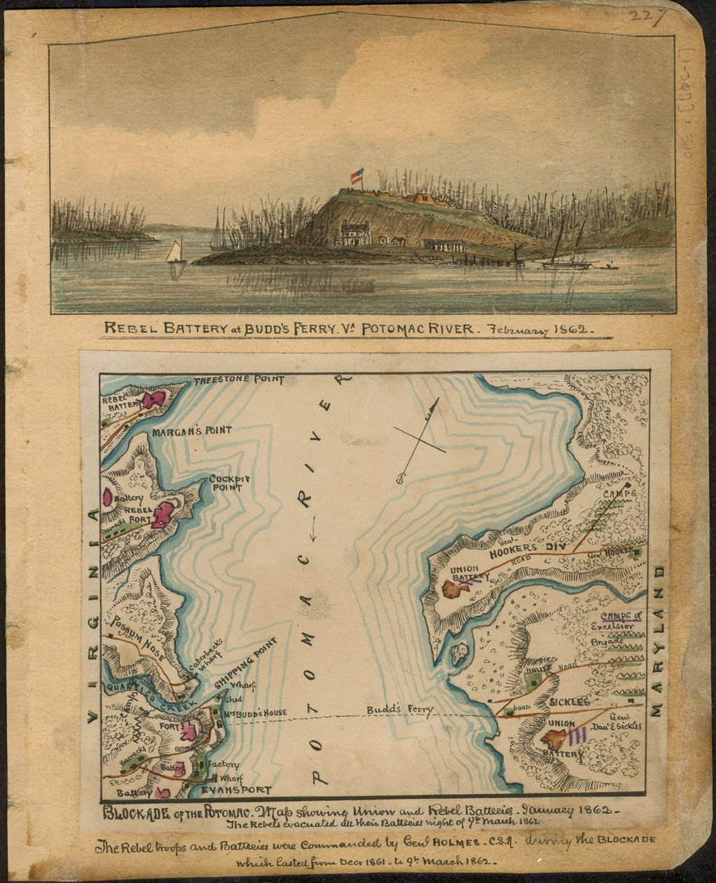 Blockade des Potomac. Karte der Union- und Rebellenbatterien Januar 1862 von Robert Knox Sneden
