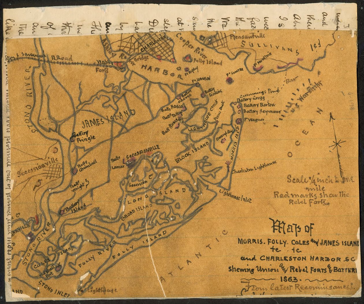 Karte von Morris, Folly, Coles und James Island(s) usw. und Charleston Harbor S.C., zeigt Union- und Rebellenforts und Batterien, 1864 von Robert Knox Sneden