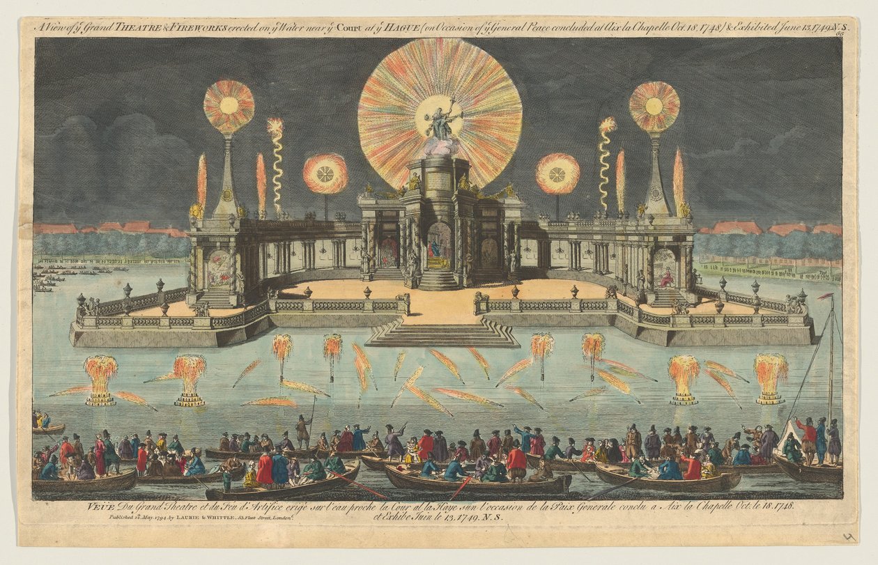 Ansicht des großen Theaters und Feuerwerks auf dem Wasser in der Nähe des Hofes in Den Haag, 1794 von Robert Laurie