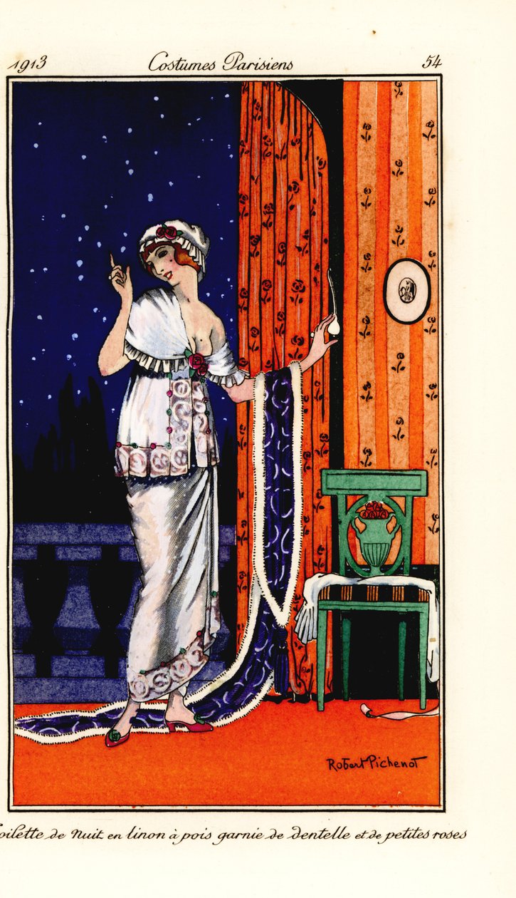 Frau im Abendkleid aus gepunktetem Leinen, verziert mit Spitze und Rosen. Handkolorierte Pochoir-Radierung nach einer Illustration von Robert Pichenot aus Tommaso Antonginis Journal von Robert Pichenot