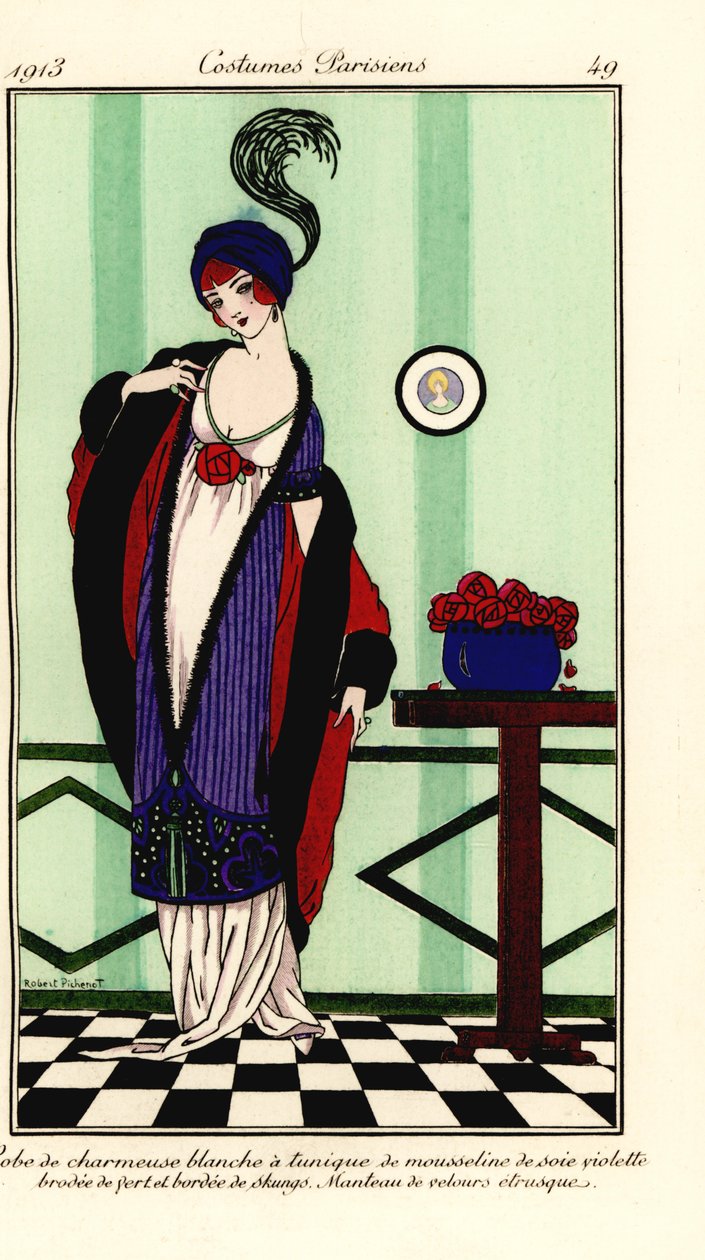 Frau in weißem Charmeuse-Satinkleid mit violetter Chiffontunika, besetzt mit Skunksfell, Umhang aus etruskischem Samt von Robert Pichenot