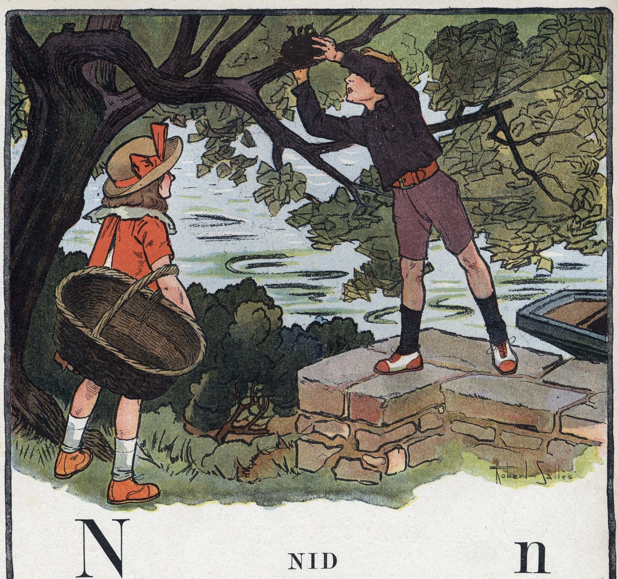 Kinderbuch „Ich werde lesen - Methodisches und lustiges Alphabet von einem Vater“ 1926. Illustration von Robert Salles (1871-1929). Abecedarium: Buchstabe N wie Nest. Ein Junge nimmt ein Nest von einem Baum von Robert Salles