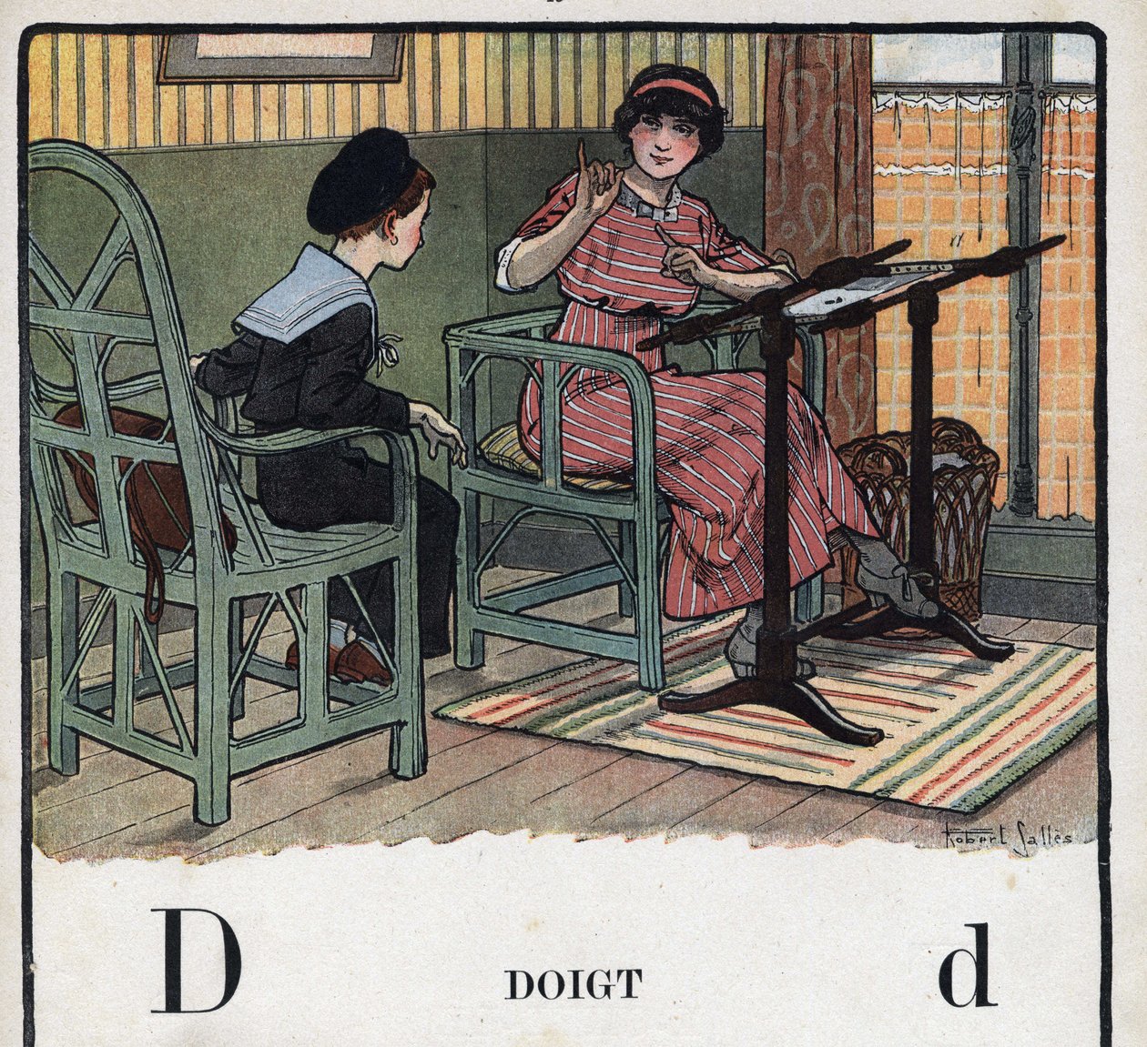 Kinderbuch „Ich werde lesen - Methodisches und lustiges Alphabet von einem Vater“ 1926. Illustration von Robert Salles (1871-1929). Abecedarium: Buchstabe D wie Finger. Eine Mutter erklärt ihrem Sohn die Stickerei von Robert Salles