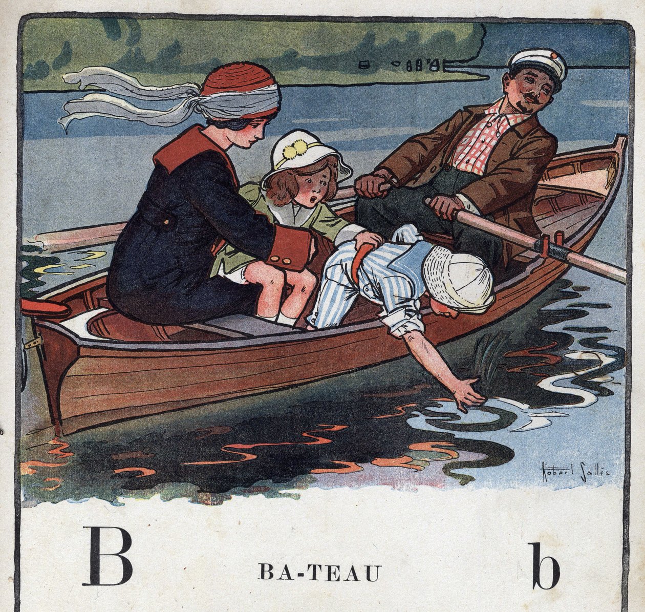 Kinderbuch „Ich werde lesen - Methodisches und lustiges Alphabet von einem Vater“ 1926. Illustration von Robert Salles (1871-1929). Abecedarium: Buchstabe B wie Boot. Eine Familie macht eine Bootsfahrt von Robert Salles