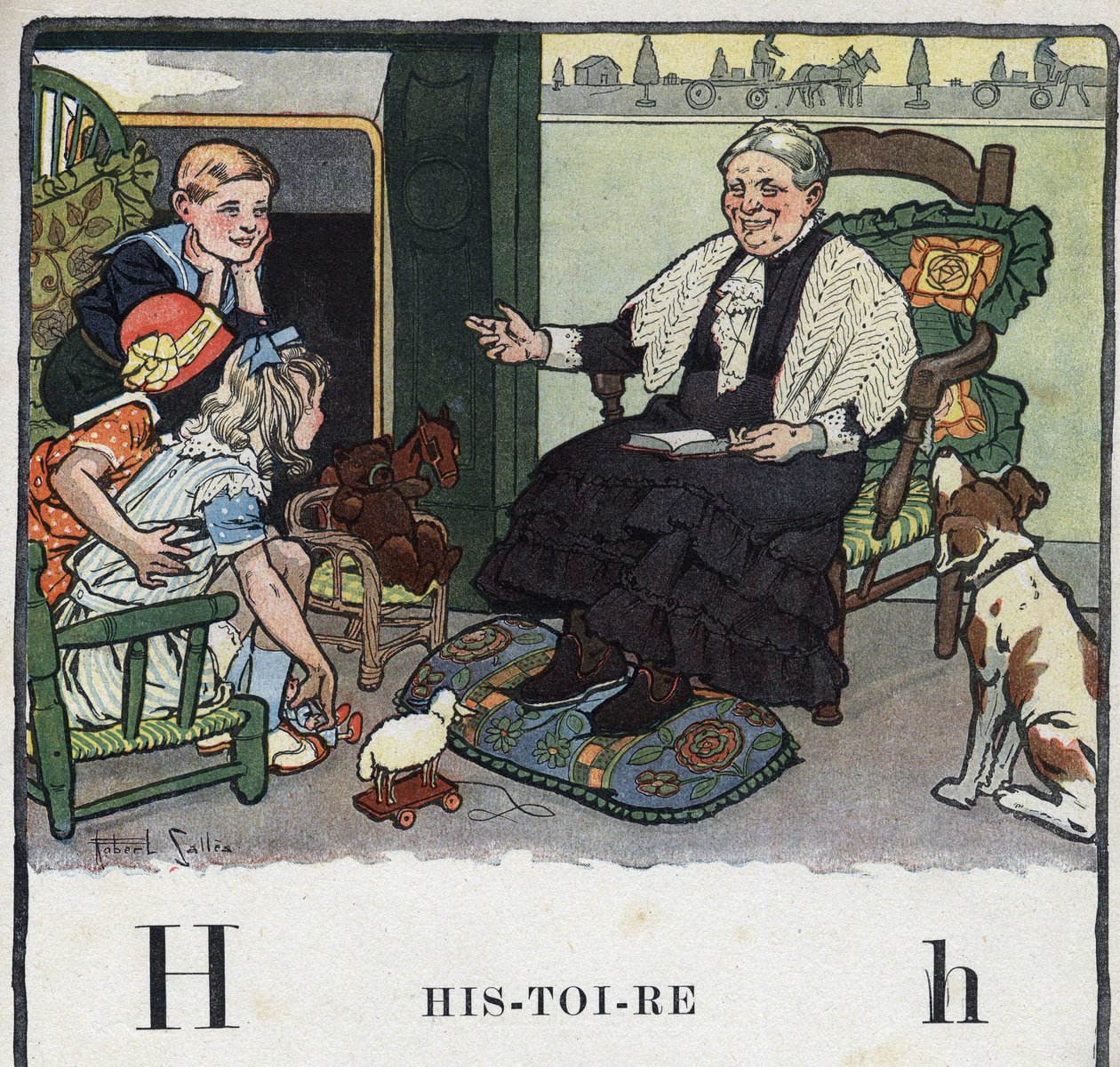 Kinderbuch „Ich werde lesen - Methodisches und lustiges Alphabet von einem Vater“, 1926. Illustration von Robert Salles (1871-1929). Abecedarium: Buchstabe H wie Geschichte. Eine Großmutter erzählt ihren Enkeln Geschichten am Kamin. von Robert Salles