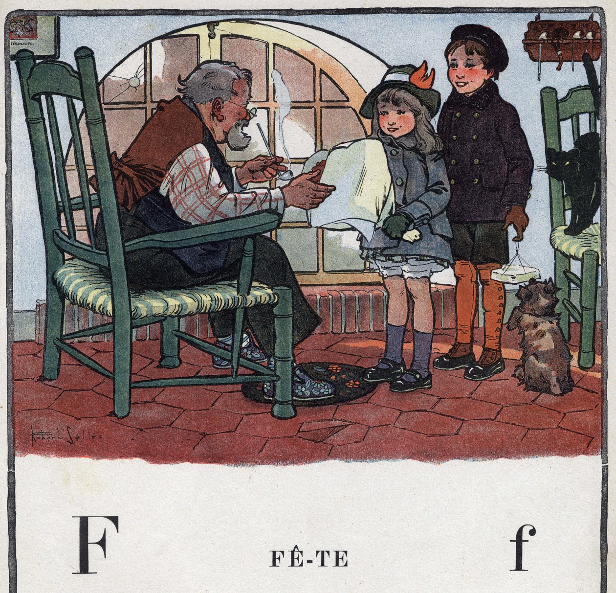Kinderbuch „Ich werde lesen - Methodisches und lustiges Alphabet von einem Vater“ 1926. Illustration von Robert Salles (1871-1929). Abecedaire: Buchstabe F wie Fest. Ein Mädchen und ein Junge schenken ihrem Großvater Geschenke zu seiner Feier von Robert Salles