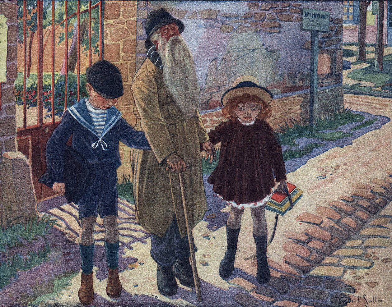 Der Stock des Blinden: Zwei Kinder helfen einem blinden alten Mann beim Gehen. Illustration von Robert Salles (1871-1929) in „Ich kann lesen“. von Robert Salles