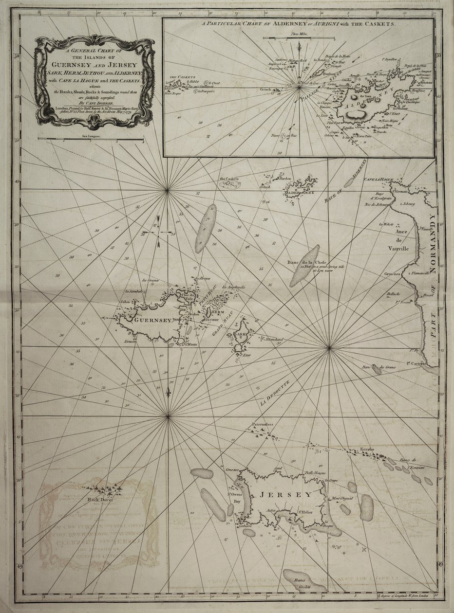 Eine allgemeine Karte der Inseln Guernsey und Jersey, Sark, Herm, Jethou und Alderney, mit Cape la Hague und den Caskets von Robert Sayer
