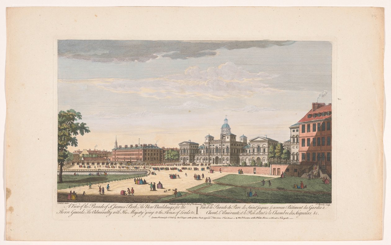 Ansicht der Horse Guards Parade in London mit der Abreise von George II. Augustus, König von Großbritannien, zum House of Lords von Robert Sayer