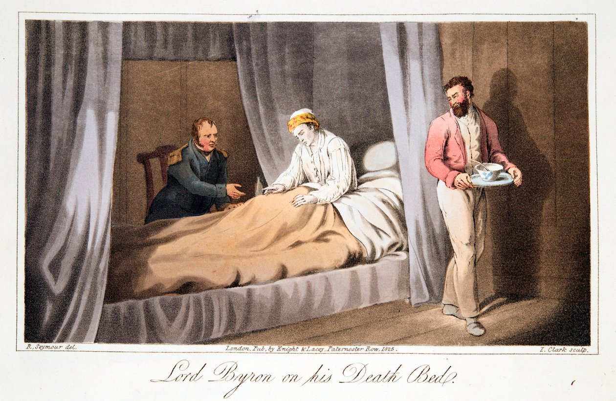 Lord Byron auf seinem Sterbebett, veröffentlicht 1825 von Robert Seymour