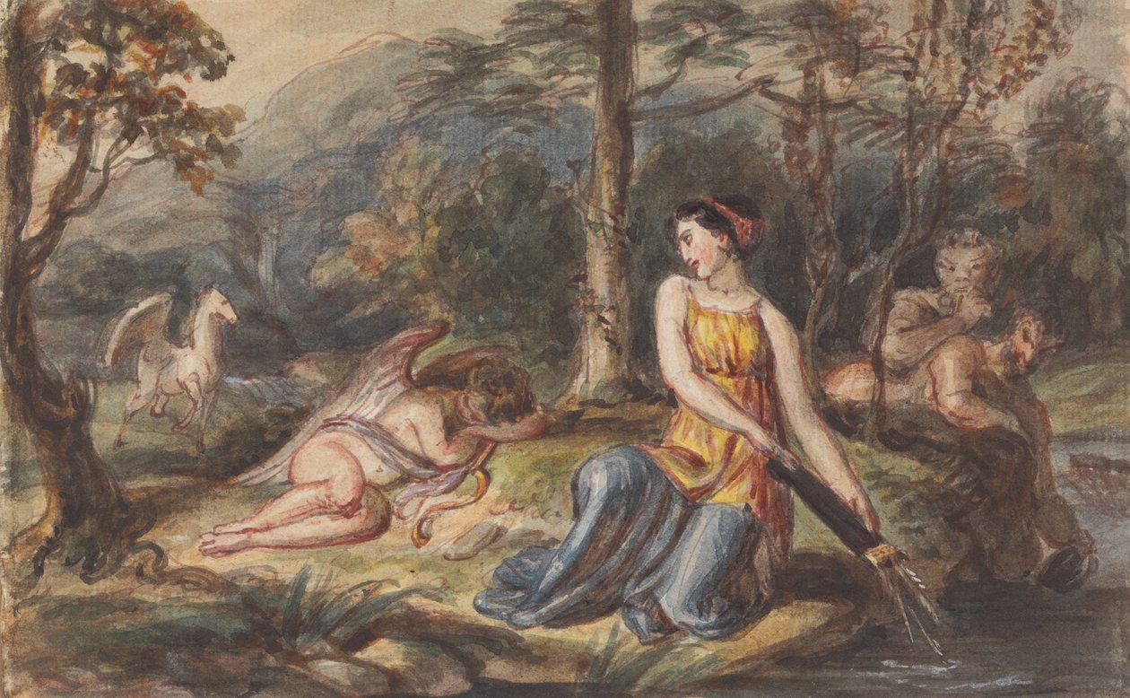 Diana, Göttin der Jagd, mit Satyrn, schlafendem Amor und einem Pegasus in einer bewaldeten Landschaft von Robert Smirke