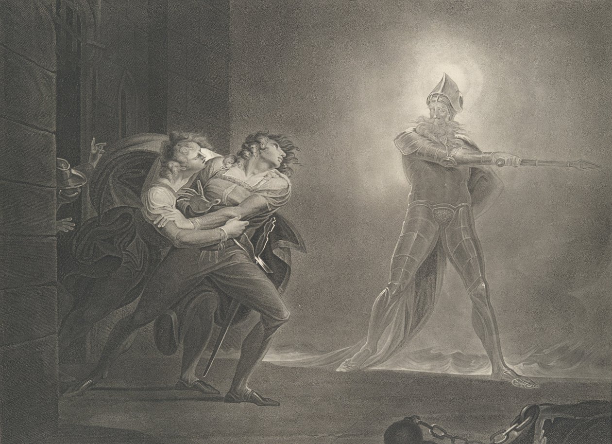 Hamlet, Horatio, Marcellus und der Geist, Shakespeare, Hamlet, erstmals veröffentlicht 1796, neu aufgelegt 1852 von Robert Thew