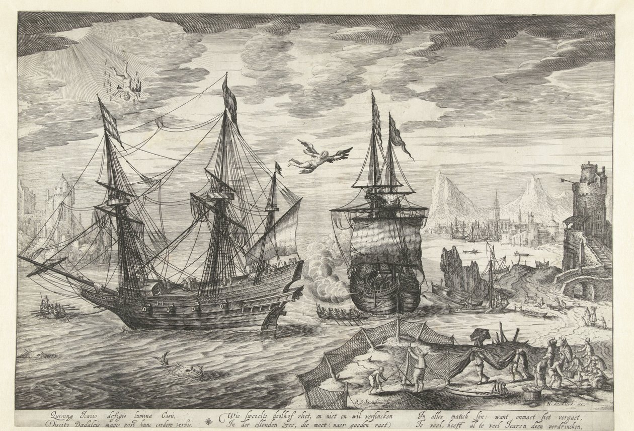 Hafen mit Schiffen, in der Luft der Sturz des Ikarus von Robert de Baudous