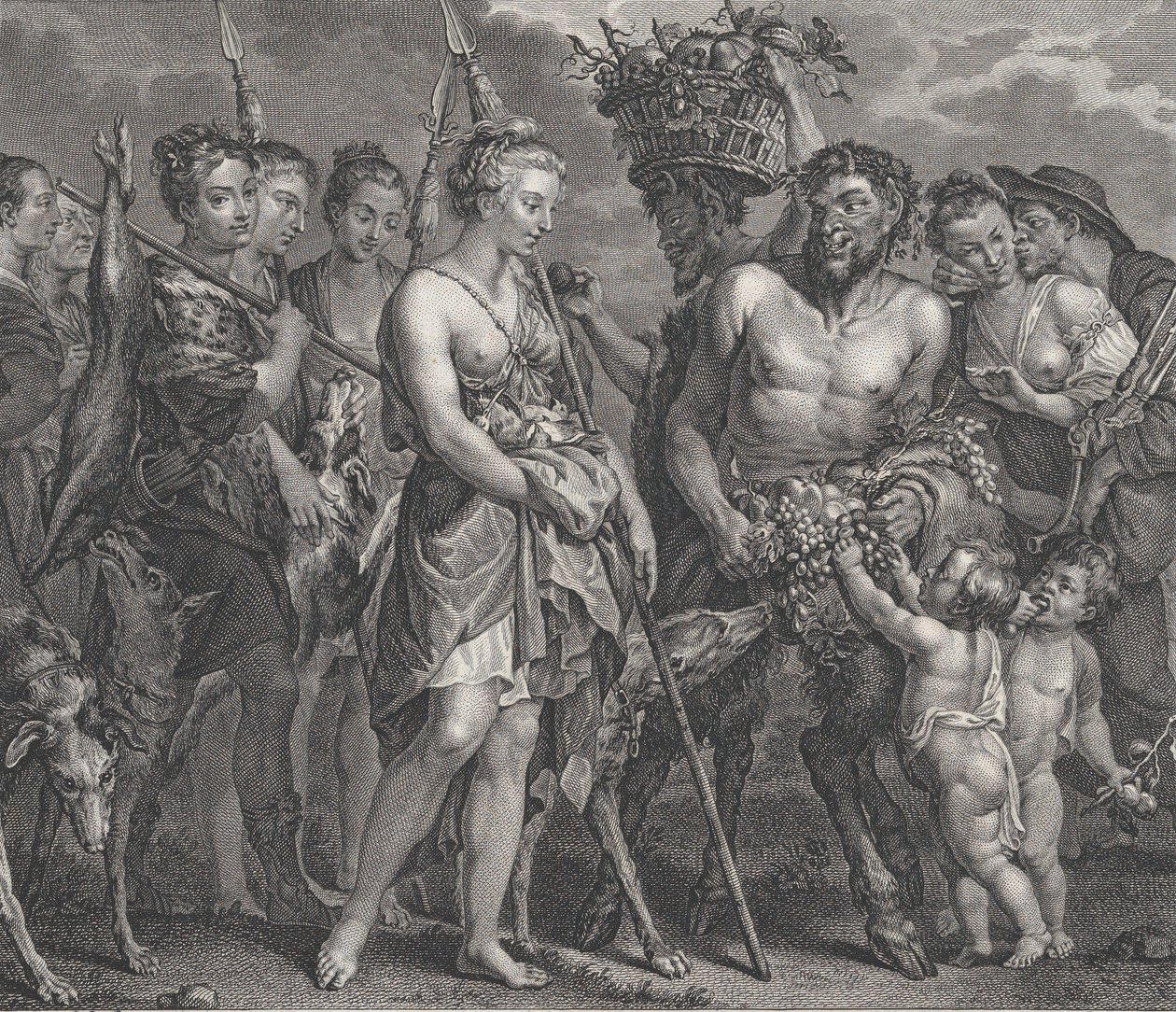 Diana kehrt von der Jagd zurück, begleitet von Hunden und ihren Nymphen links, zwei Satyrn, ca. 1808 von Robert de Launay