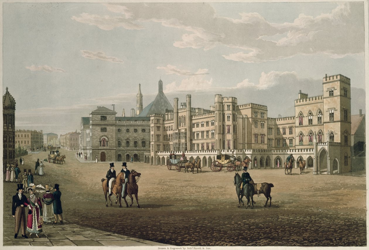 Ansicht des House of Lords und Commons, vom Old Palace Yard aus, veröffentlicht 1821 von Colnaghi und Co. von Robert the Elder and Younger Havell