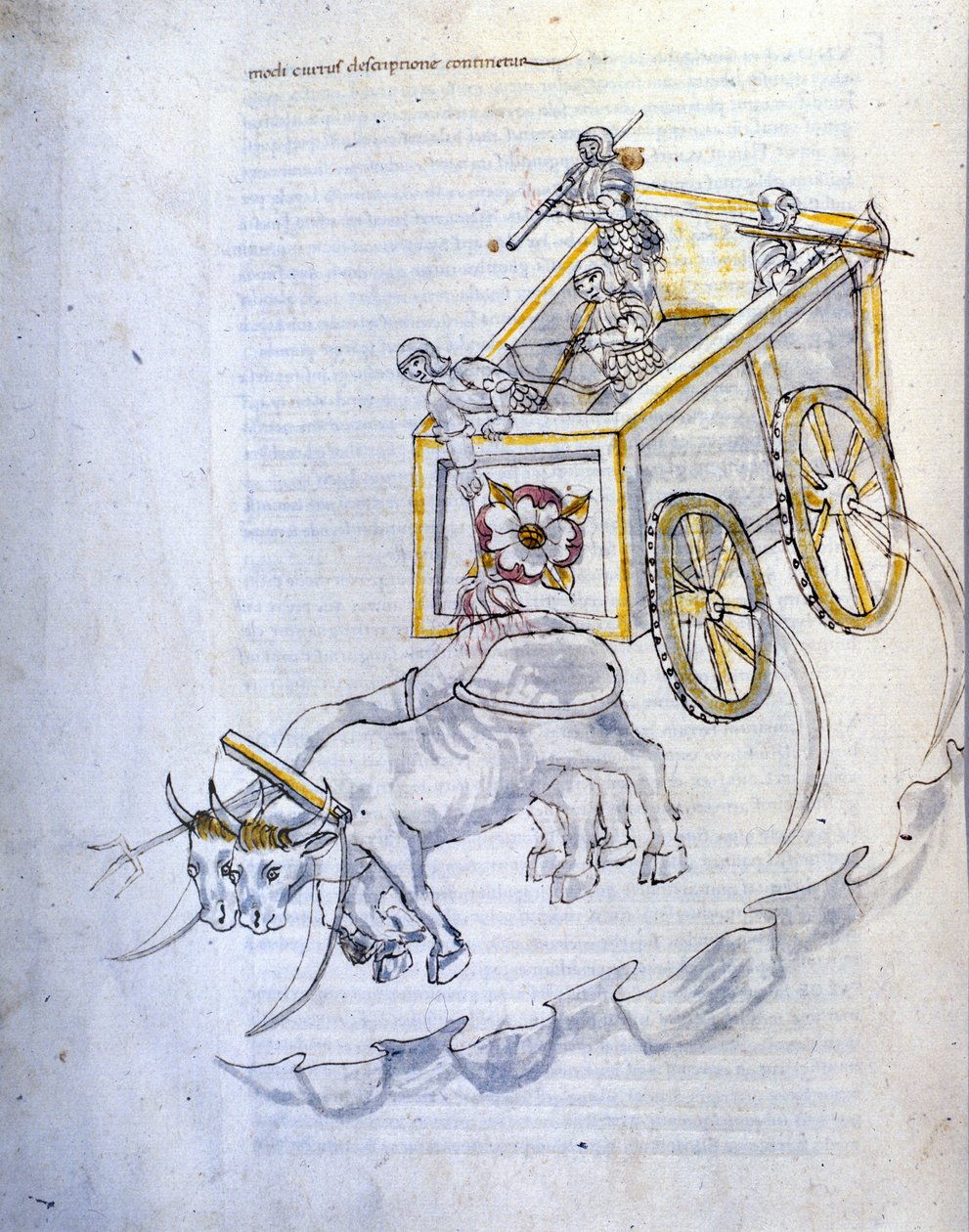 Kunst des Krieges: Studie über militärische Maschinen. Sturmwagen mit Sicheln, Illustration aus 