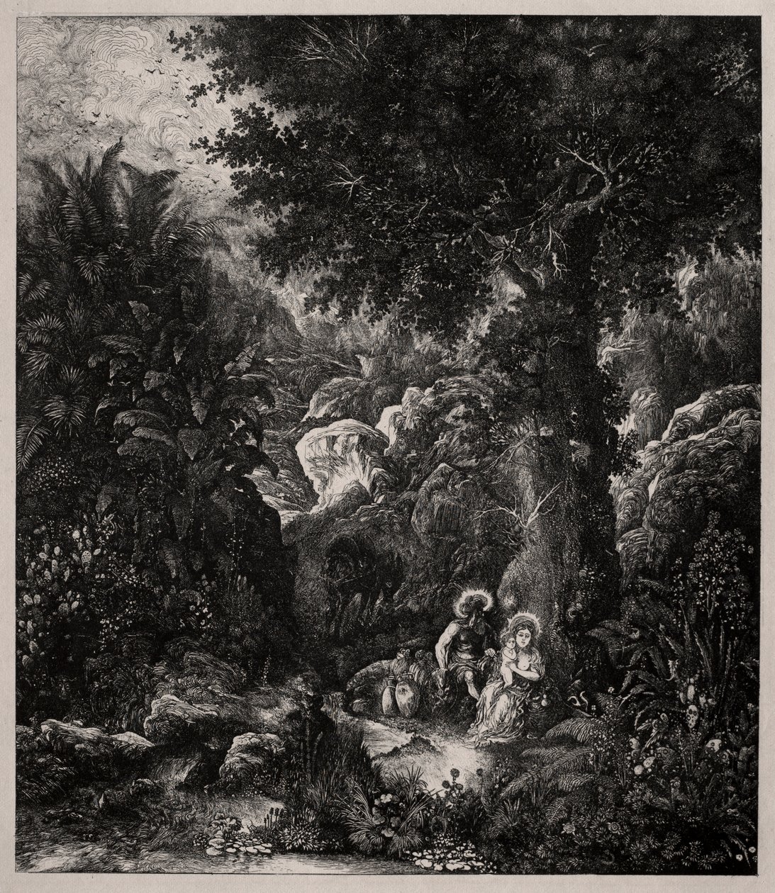 Ruhe auf der Flucht nach Ägypten mit gesatteltem Esel von Rodolphe Bresdin